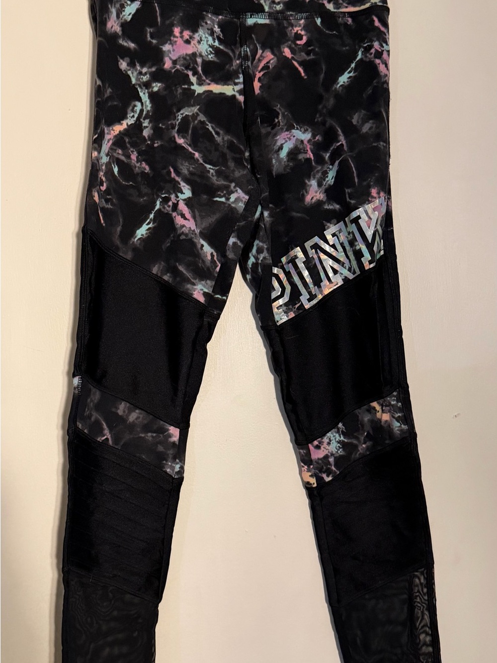 PINK Victoria's Secret Black Marble-Print Girls' Leggings with Pastel Accents
